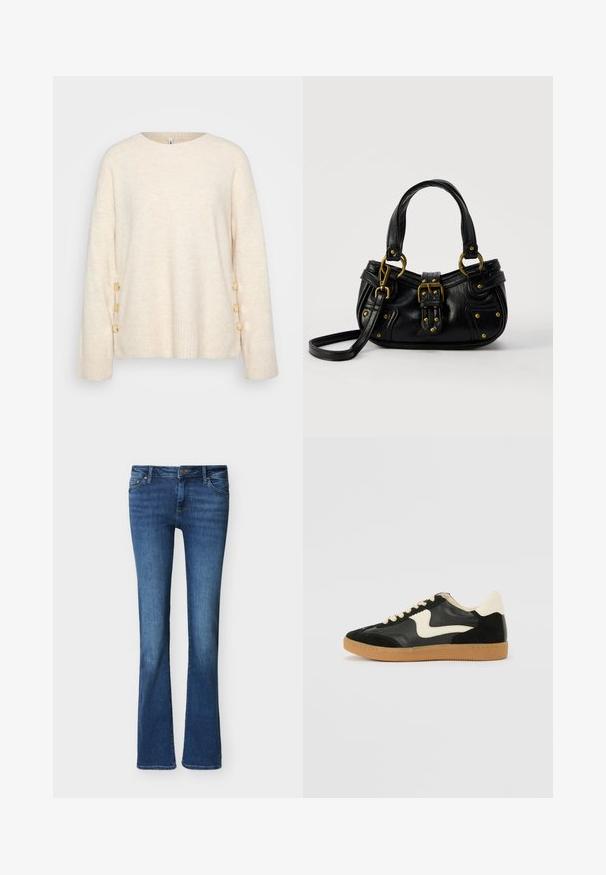 Pull crème avec un ourlet côtelé et des manches larges. Présente des boutons dorés décoratifs sur un côté pour un détail supplémentaire. Texture douce.; Jean bootcut en denim bleu avec poches avant, passants pour ceinture et fermeture par bouton, présenté sur un fond blanc uni.; Baskets en daim et cuir noir avec un swoosh latéral crème et un talon crème clair. Dotées de lacets beige et d'une semelle en caoutchouc gomme.; Sac à main en cuir noir avec boucle dorée et détails à rivets, poignées courtes et bandoulière réglable sur fond blanc uni.