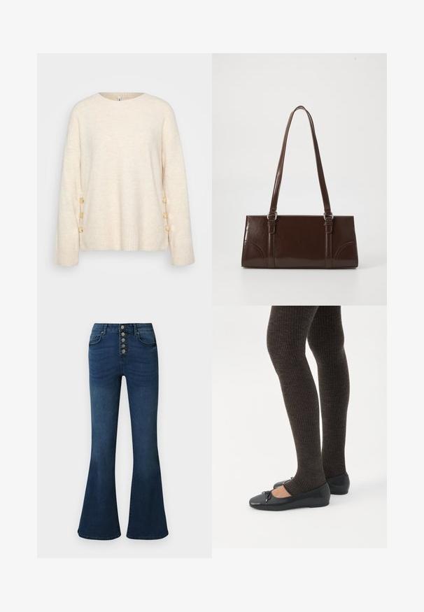 Pull crème avec un ourlet côtelé et des manches larges. Présente des boutons dorés décoratifs sur un côté pour un détail supplémentaire. Texture douce.; Jeans évasés en denim bleu foncé avec une taille haute et une fermeture à cinq boutons sur le devant. Texture lisse avec un léger délavage et des détails de couture subtils.; Jambes portant des leggings côtelés foncés associés à des ballerines noires avec de petits détails en nœud sur fond blanc.; Sac à main en cuir verni marron de forme rectangulaire, avec deux longues poignées et des accents courbés subtils à l'avant.
