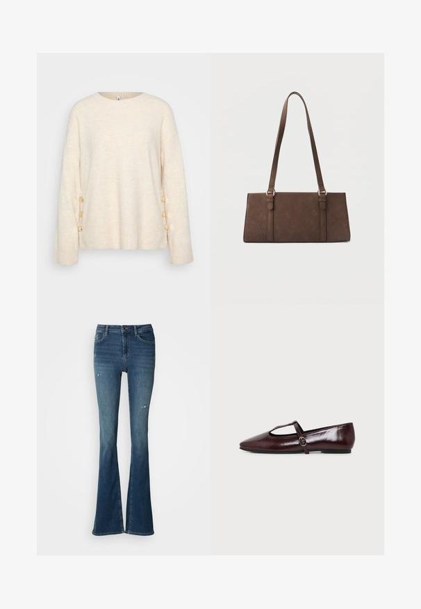 Pull crème avec un ourlet côtelé et des manches larges. Présente des boutons dorés décoratifs sur un côté pour un détail supplémentaire. Texture douce.; Jean évasé en denim bleu délavé, avec poches avant, taille haute et détails usés avec coutures visibles.; Chaussure plate en cuir bordeaux foncé avec un bout pointu et une fine bride en T avec une boucle argentée sur fond blanc.; Sac à bandoulière rectangulaire marron avec longues sangles et détails de couture minimalistes sur un fond uni.