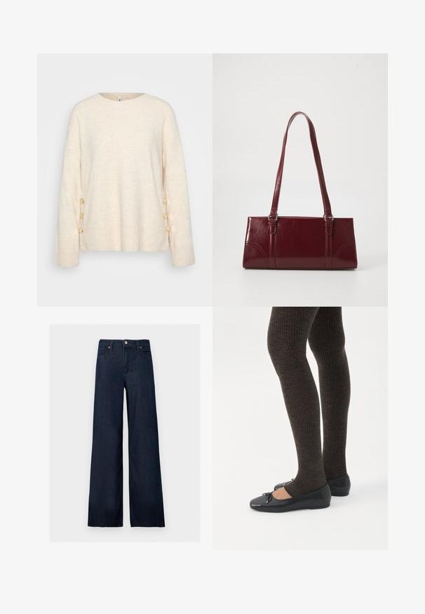 Pull crème avec un ourlet côtelé et des manches larges. Présente des boutons dorés décoratifs sur un côté pour un détail supplémentaire. Texture douce.; Jean denim bleu foncé à jambes larges avec bouton à l'avant, passants pour ceinture et style cinq poches sur fond uni.; Jambes portant des leggings côtelés foncés associés à des ballerines noires avec de petits détails en nœud sur fond blanc.; Sac à main bordeaux en matériau brillant, de forme rectangulaire, avec deux anses et des accents légèrement courbés à l'avant.