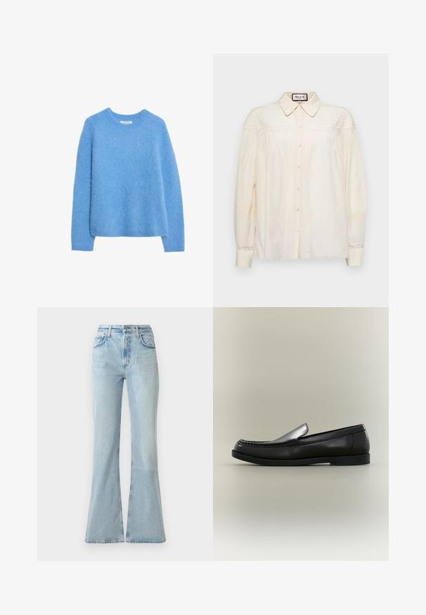 Pull en tricot duveteux bleu clair avec un col rond, des manches longues et des poignets côtelés. Texture douce avec une coupe décontractée et un ourlet plat.; Blouse crème à boutons avec un col, présentant des plis verticaux et des détails en dentelle sur les épaules et les poignets. Tissu doux avec des manches longues.; Jeans en denim bleu clair évasés avec taille haute, dotés de poches avant, d'une fermeture à bouton et d'une texture légèrement usée.; Mocassin en cuir noir avec couture moc toe, petit talon et design à enfiler sur fond neutre.