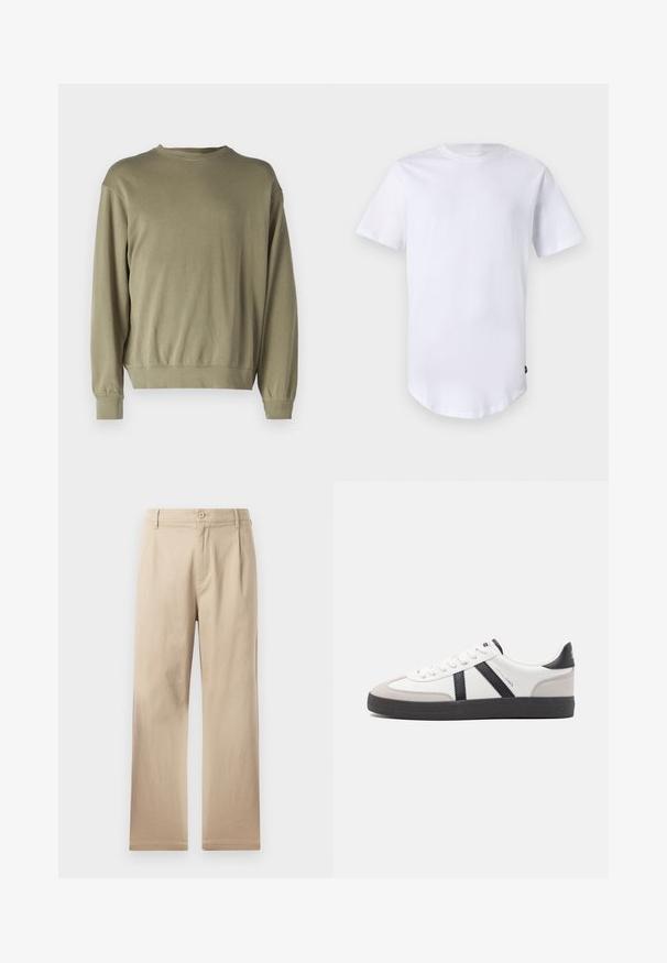 Olivgrüner Pullover mit langen Ärmeln aus einer weichen Baumwollmischung. Hat einen runden Halsausschnitt und gerippte Bündchen mit einer lockeren Passform.; Weißes T-Shirt mit kurzen Ärmeln aus Baumwolle. Rundhalsausschnitt mit abgerundetem Saum. Etikett auf der unteren linken Seite sichtbar. Glatte Textur.; Beige gerade geschnittene Hose aus weichem Baumwollstoff, mit Knopfverschluss, Falten vorne und sauberen, einfachen Säumen.; Weiße Sneaker mit schwarz- und grau-aczenten, ausgestattet mit einer strukturierten grauen Zehenkappe, schwarzer Gummi-Sohle und flachen weißen Schnürsenkeln. Sauberes Design, minimalistische Stil.