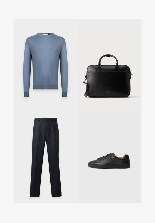 Pull à col rond bleu clair à manches longues avec poignets et ourlet côtelés, fabriqué en tissu fin tricoté.; Pantalon formel gris foncé à coupe droite, passants de ceinture et plis devant, présenté sur un fond clair.; Baskets basses en cuir noir avec surface texturée, lacets noirs et semelle en caoutchouc épaisse, présentées de côté sur un fond clair.; Mallette en cuir noir avec doubles poignées, bandoulière amovible et petit texte de logo à l'avant, sur un fond uni clair.