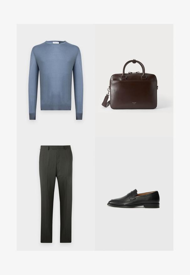 Pull à col rond bleu clair à manches longues avec poignets et ourlet côtelés, fabriqué en tissu fin tricoté.; Pantalon de costume pour homme sur mesure gris foncé avec passants de ceinture et pli avant, présenté sur fond blanc.; Mocassin en cuir noir avec un bout arrondi, des coutures subtiles et un talon bas, présentant une texture lisse et un design minimaliste.; Serviette en cuir brun foncé avec deux poignées, une bandoulière détachable et un petit logo à l'avant sur un fond uni.