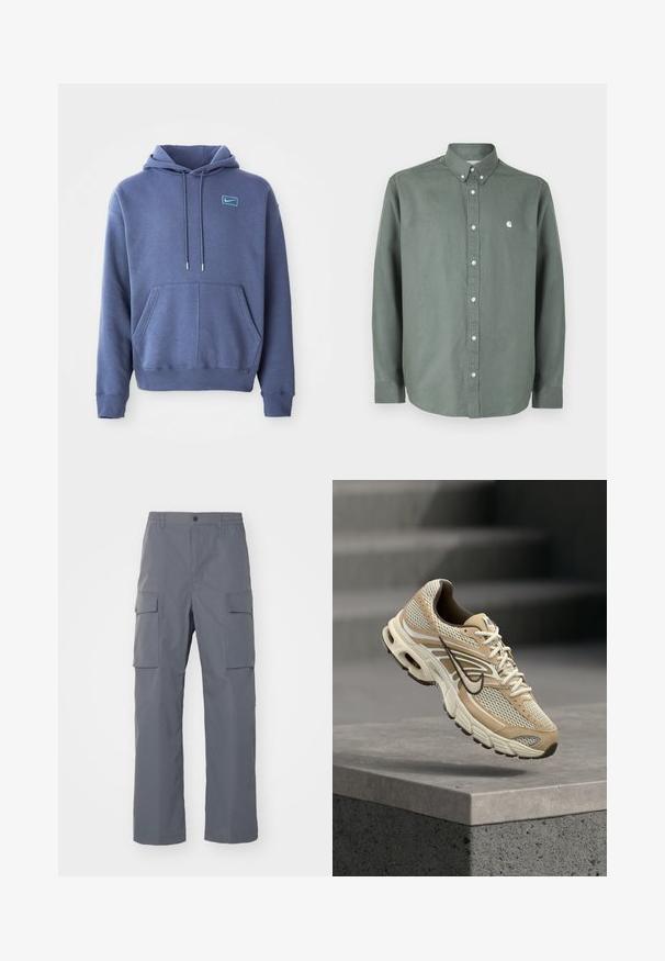 Blauer Hoodie aus weichem Stoff mit einer vorderen Kängurutasche, Kapuze mit Kordelzug und einem kleinen gestickten Logo auf der Brust.; Grünes Langarmhemd aus Baumwolle, mit einem Button-Down-Kragen, einer vorderen Knopfleiste und einem kleinen weißen Logo auf der Brust.; Grau Cargo-Hosen aus strapazierfähigem Stoff. Zu den Merkmalen gehören ein elastischer Bund, zwei große Seitentaschen und ein gerader Schnitt.; Beiger und weißer Nike Laufschuh mit Mesh-Paneelen und schwarzem Swoosh, schwebt über einem Betonsims mit unscharfen Treppen im Hintergrund.