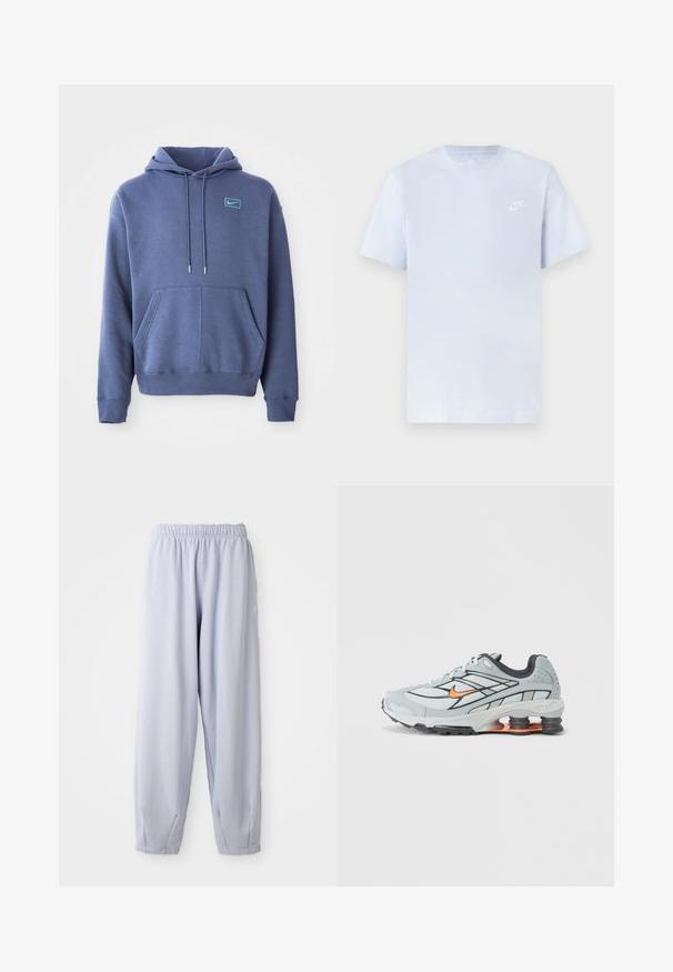 Blauer Hoodie aus weichem Stoff mit einer vorderen Kängurutasche, Kapuze mit Kordelzug und einem kleinen gestickten Logo auf der Brust.; Hellblaue Baumwoll-T-Shirt mit kurzen Ärmeln, Rundhalsausschnitt und einem weißen Nike-Logo, das auf der linken Brust gedruckt ist. Glatte Textur, schlichtes Design.; Helle Lavendel-Jogginghose aus weichem Stoff mit elastischem Bund und gerafften Knöcheln. Verfügt über dezente Markenkennzeichnung an der Seite.; Hellgrauer Laufschuh mit schwarzen Akzenten, orangefarbenem Logo, Mesh-Obermaterial, gepolstertem Schaft und Gummisohle mit sichtbaren stoßdämpfenden Einheiten.