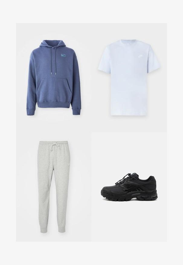 Blauwe hoodie van zacht materiaal met een voorzak, trekkoordcapuchon en een klein geborduurd logo op de borst.; Lichtblauwe katoenen t-shirt met korte mouwen, ronde hals en een wit Nike-logo gedrukt op de linkerborst. Glad textuur, eenvoudig ontwerp.; Grijze sweatpants gemaakt van zacht materiaal met een elastische tailleband, een trekkoordsluiting en ribgebreide boorden. Voorzien van een klein logo aan de zijkant.; Zwarte atletische sneaker met textuurstof, dikke gevoerde zool, luchtopeningen en vetersluiting, vanaf de zijkant weergegeven tegen een lichte achtergrond.