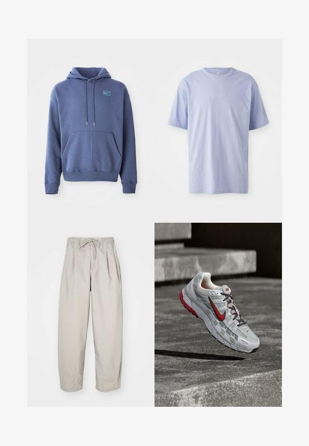 Blauwe hoodie van zacht materiaal met een voorzak, trekkoordcapuchon en een klein geborduurd logo op de borst.; Lichtblauwe katoenen T-shirt met een ronde hals en korte mouwen. Kenmerkt zich door een reliëf "nike" logo op het midden van de voorkant. Zachte textuur.; Beige, lichte broek met een elastische tailleband en trekkoord. Beschikt over plooien en een losse pasvorm, gemaakt van een zachte, gladde stof.; Witte en grijze Nike hardloopschoen met rode accenten en zwarte veters, hangend boven grijze betonnen treden.