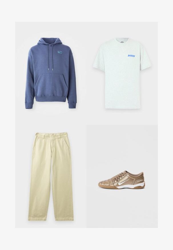 Blauer Hoodie aus weichem Stoff mit einer vorderen Kängurutasche, Kapuze mit Kordelzug und einem kleinen gestickten Logo auf der Brust.; Graues T-Shirt mit kurzen Ärmeln aus Baumwollmischgewebe, mit blauer "DICKIES"-Aufschrift auf der linken Brustseite. Klassischer Rundhalsausschnitt.; Beige Baumwollhosen mit lockerem Schnitt, ausgestattet mit Seitentaschen, Gürtelschlaufen und geraden Beinen. Glatte Textur mit minimalen Nahtdetails.; Nike Total 90 III Fußballschuhe in metallischem Gold mit weißem Swoosh, mit glatter Textur, Schnürverschluss und Gummisohle.