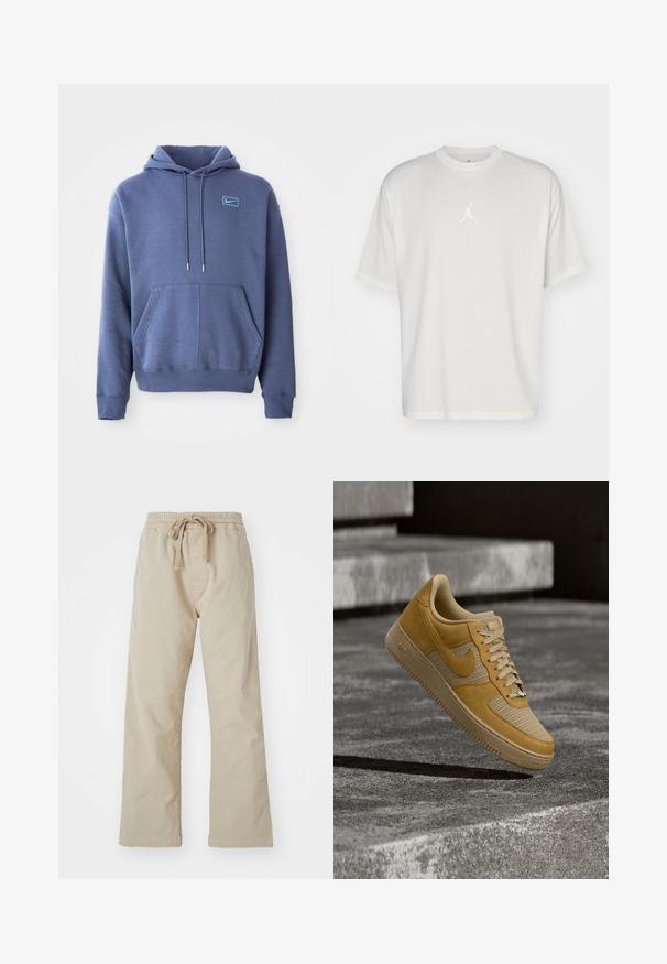Blauwe hoodie van zacht materiaal met een voorzak, trekkoordcapuchon en een klein geborduurd logo op de borst.; Witte katoenen t-shirt met een ronde halslijn, korte mouwen en een klein geborduurd logo in het midden. Losse pasvorm met minimale stiksels.; Beige katoenen broek met een elastische tailleband en trekkoord. Recht gesneden ontwerp, zachte textuur en geen zichtbare patronen of accenten.; Tan- en beige Nike Air Force 1 sneaker die boven een betonnen oppervlak zweeft met stenen trappen op de achtergrond.