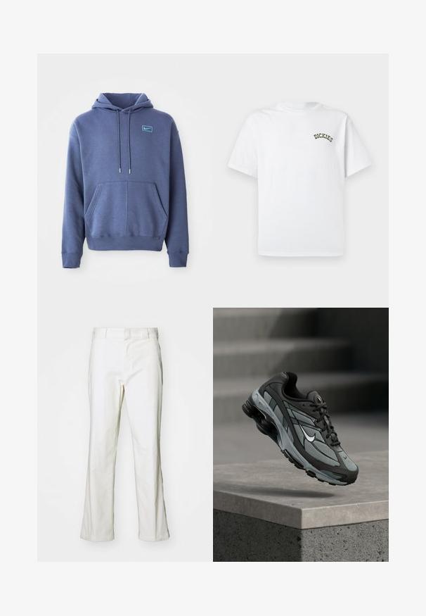 Blauer Hoodie aus weichem Stoff mit einer vorderen Kängurutasche, Kapuze mit Kordelzug und einem kleinen gestickten Logo auf der Brust.; Weißes Baumwoll-T-Shirt mit kurzen Ärmeln und rundem Halsausschnitt. Auf der linken Brust befindet sich das grüne, gestickte "DICKIES"-Logo.; Weiße Baumwollhosen mit geradem Schnitt, ausgestattet mit einem Bund und normalen Taschen. Der Stoff wirkt glatt und leicht strukturiert.; Grauer und schwarzer Sportschuh mit Netzpaneelen und dicker Sohle, schwebend in der Luft über einer Betonmauer mit Treppen im Hintergrund.