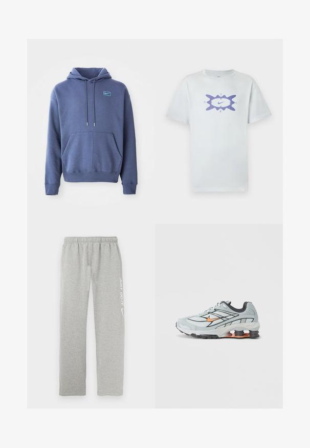Blauwe hoodie van zacht materiaal met een voorzak, trekkoordcapuchon en een klein geborduurd logo op de borst.; Witte katoenen t-shirt met een losse pasvorm, voorzien van een paars grafisch ontwerp in het midden, omringd door een golvende omlijsting. Korte mouwen.; Grijze sweatpants van zacht materiaal met een elastische tailleband. Voorzien van witte tekst "JUST DO IT" en het Nike swoosh-logo op één been.; Lichtgrijze hardloopschoen met zwarte accenten, oranje logo, bovenwerk van mesh, gevoerde kraag en rubberen zool met zichtbare schokabsorberende elementen.