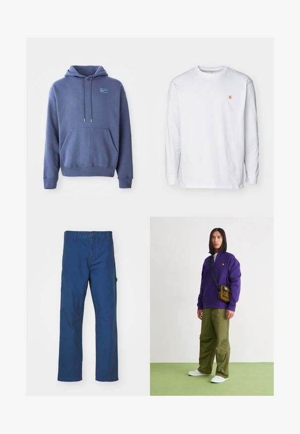 Blå hoodie lavet af blødt stof med en frontlomme, snøre i hætten og et lille broderet logo på brystet.; Hvid langærmet t-shirt lavet af bomuld. Har et lille gyldent logo på brystet og en rund halsudskæring. Enkel design og standard pasform.; Blå bomuldstwill bukser med lige ben-design, der har en knaplukning og sidelommer. Glat tekstur, ingen synlige mønstre eller accenter.; Jordan AIR JORDAN 1 ZM CMFT 2 - Sneakers high - summit white/bicoastal/oxidized green