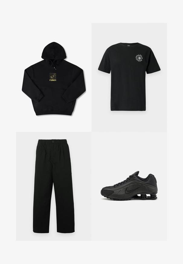 Schwarzer Hoodie mit einer Brusttasche, auf der ein gelbes Grafikbild eines Vogels und das Wort "FORMER" in fetter Schrift zu sehen sind. Weiches Material mit verstellbarem Kordelzug.; Schwarzes Baumwoll-T-Shirt mit kurzen Ärmeln, versehen mit einem weißen Grafiklogo auf der linken Brust. Klassisches Rundhalsdesign. Normale Passform.; Schwarze, weit geschnittene Hosen mit elastischem Bund und Knopfverschluss. Aus weichem Stoff gefertigt, mit subtiler Textur und ohne Muster.; Schwarze Laufschuhe mit einem glatten synthetischen Obermaterial, durchbrochenen Akzenten, strukturierten Seitenpaneelen und einer ausgeprägten federnden Sohle.