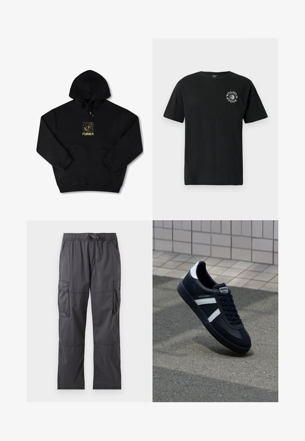 Schwarzer Hoodie mit einer Brusttasche, auf der ein gelbes Grafikbild eines Vogels und das Wort "FORMER" in fetter Schrift zu sehen sind. Weiches Material mit verstellbarem Kordelzug.; Schwarzes Baumwoll-T-Shirt mit kurzen Ärmeln, versehen mit einem weißen Grafiklogo auf der linken Brust. Klassisches Rundhalsdesign. Normale Passform.; Dunkelgraue Cargohosen mit elastischem Bund, Kordelzug, Seitentaschen und Klappentaschen an jedem Oberschenkel, flach auf weißem Hintergrund dargestellt.; Schwarze Leder-Sneaker mit weißen Streifen, strukturiertem Gummisohle und Schnürung. Verfügt über ein Markenetikett auf der Zunge.