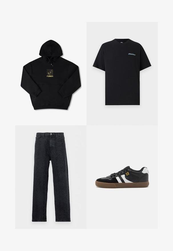 Schwarzer Hoodie mit einer Brusttasche, auf der ein gelbes Grafikbild eines Vogels und das Wort "FORMER" in fetter Schrift zu sehen sind. Weiches Material mit verstellbarem Kordelzug.; Schwarzes T-Shirt mit kurzen Ärmeln und Rundhalsausschnitt, mit kleinem mehrfarbigem "Dickies"-Logo auf der linken Brust, vor einfarbigem Hintergrund.; Schwarze Jeans mit geradem Bein und dezentem dunklem Tierdruckmuster, Knopf- und Reißverschluss sowie Fronttaschen, auf weißem Hintergrund dargestellt.; Schwarz-weiße Sneakers mit einem Obermaterial aus Wildleder und Leder, ausgestattet mit weißen Streifen, schwarzen Schnürsenkeln und einer braunen Gummisohle. Mit goldenen Logo-Akzenten.