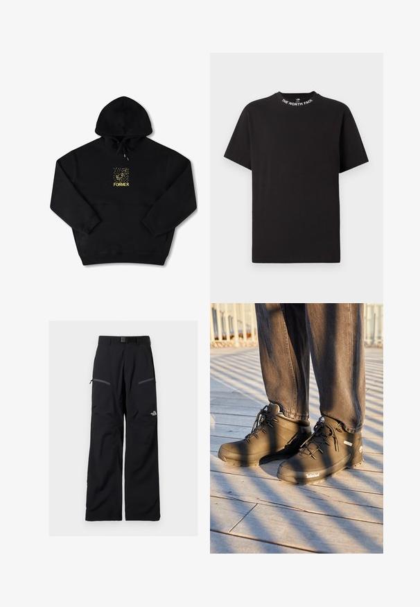 Schwarzer Hoodie mit einer Brusttasche, auf der ein gelbes Grafikbild eines Vogels und das Wort "FORMER" in fetter Schrift zu sehen sind. Weiches Material mit verstellbarem Kordelzug.; Schwarzes T-Shirt mit kurzen Ärmeln und Rundhalsausschnitt mit dem Schriftzug „THE NORTH FACE“ rund um den Kragen.; Schwarze Outdoor-Hose mit verstellbarem Gürtel, zwei Reißverschlusstaschen an den Oberschenkeln und The North Face-Logo am rechten Bein.; Schwarze Timberland-Wanderstiefel mit hohem Schaft, strukturierten Oberflächen und runden Schnürsenkeln, vor einem Holzboden-Hintergrund.