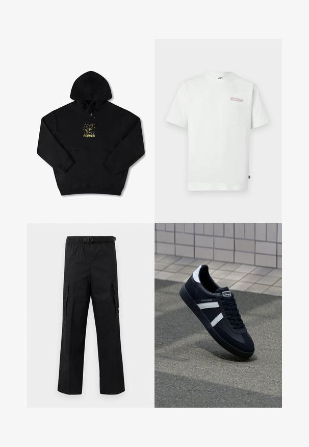 Sudadera negra con un bolsillo frontal, que presenta un gráfico amarillo de un pájaro y la palabra "FORMER" en negrita. Material suave con cordón ajustable.; Camiseta blanca de algodón con mangas cortas, cuello redondo y un logotipo rosa "Dickies" en el área izquierda del pecho. Textura suave.; Pantalones cargo negros con un diseño de pierna ancha, cintura ajustable con hebilla y dos bolsillos laterales para almacenamiento. Tejido ligero.; Zapatilla de cuero negra con rayas blancas, suela de goma texturizada y parte frontal con cordones. Cuenta con una etiqueta de marca en la lengüeta.