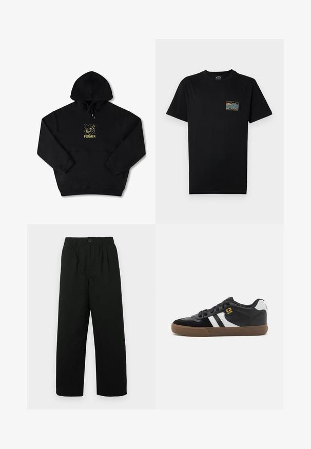 Schwarzer Hoodie mit einer Brusttasche, auf der ein gelbes Grafikbild eines Vogels und das Wort "FORMER" in fetter Schrift zu sehen sind. Weiches Material mit verstellbarem Kordelzug.; Schwarzes Kurzarm-T-Shirt mit kleinem mehrfarbigem Berg- und Ozean-Motiv und dem Schriftzug "BILLABONG Adventure division" auf der linken Brust.; Schwarze, weit geschnittene Hosen mit elastischem Bund und Knopfverschluss. Aus weichem Stoff gefertigt, mit subtiler Textur und ohne Muster.; Schwarz-weiße Sneakers mit einem Obermaterial aus Wildleder und Leder, ausgestattet mit weißen Streifen, schwarzen Schnürsenkeln und einer braunen Gummisohle. Mit goldenen Logo-Akzenten.