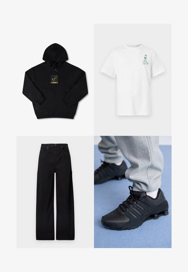 Haut à capuche noir avec une poche frontale, arborant un graphique jaune d'un oiseau et le mot "FORMER" en gras. Matière douce avec cordon de serrage ajustable.; T-shirt blanc à manches courtes avec un petit graphique d'extraterrestre vert portant des sacs sur le côté gauche de la poitrine.; Pantalon large noir en denim de coton, doté d'une taille haute, de deux poches avant et d'une poche cargo latérale pour plus de fonctionnalité.; Personne portant des baskets Nike Shox noires et un pantalon de survêtement gris, debout sur un tapis bleu clair.