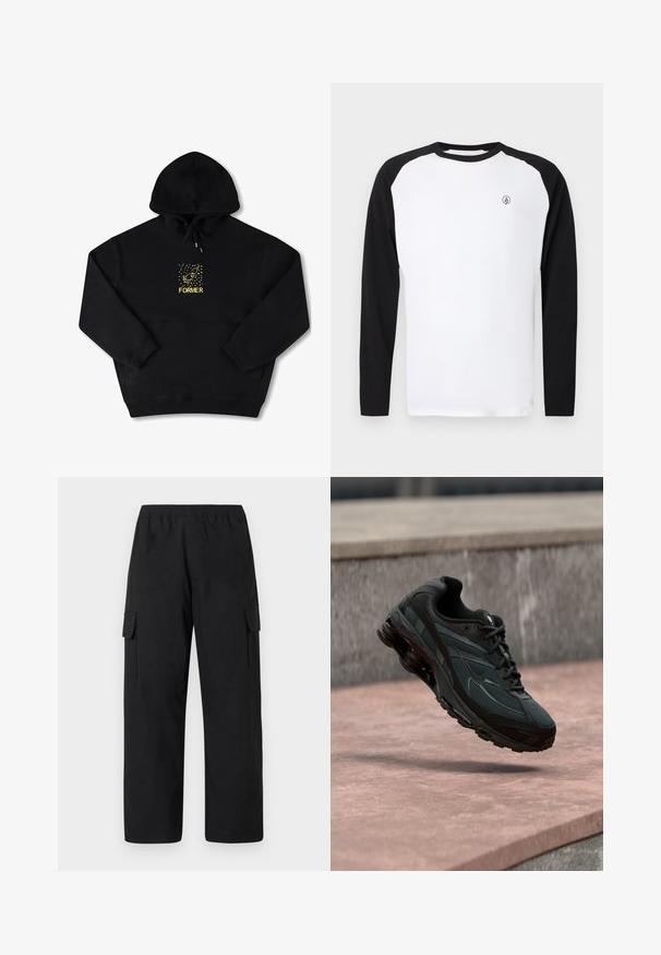 Haut à capuche noir avec une poche frontale, arborant un graphique jaune d'un oiseau et le mot "FORMER" en gras. Matière douce avec cordon de serrage ajustable.; T-shirt à manches longues à col rond avec un corps blanc et des manches raglan noires. Présente un petit logo sur la poitrine. Confectionné en coton.; Pantalon cargo noir avec une ceinture élastique, doté de deux poches cargo latérales et d'une coupe ample à jambes droites. Confectionné en matériau léger.; Baskets athlétiques noires avec une semelle intercalaire à coussin d’air visible flottant au-dessus d’une surface en pierre rose avec un mur en pierre gris en arrière-plan.