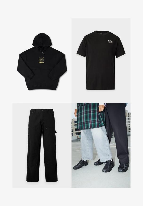 Schwarzer Hoodie mit einer Brusttasche, auf der ein gelbes Grafikbild eines Vogels und das Wort "FORMER" in fetter Schrift zu sehen sind. Weiches Material mit verstellbarem Kordelzug.; Schwarzes T-Shirt mit kurzen Ärmeln und Rundhalsausschnitt, mit kleinem weißen The North Face Logo auf der oberen linken Brust.; Schwarze Cargo-Hosen aus strapazierfähigem Stoff mit mehreren Taschen, lockerer Passform, sichtbaren Nähten und Druckknopfdetails.; Schwarze Sportschuhe mit Mesh- und Gummielementen. Kombiniert mit hellgrauen weiten Jeans und einem karierten grünen Oberteil. Flacher Hintergrund.