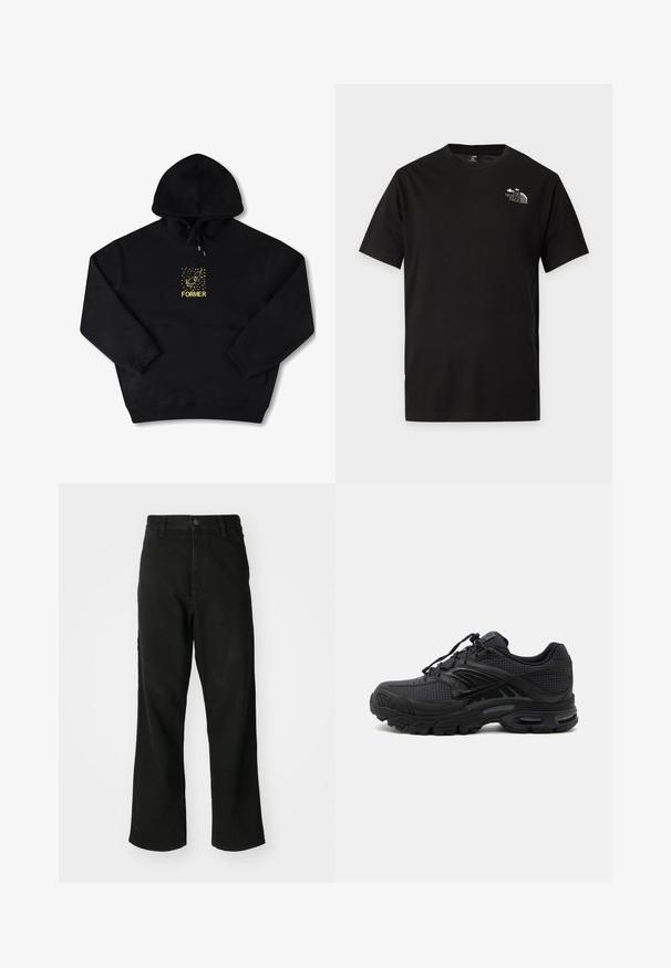 Haut à capuche noir avec une poche frontale, arborant un graphique jaune d'un oiseau et le mot "FORMER" en gras. Matière douce avec cordon de serrage ajustable.; T-shirt noir à manches courtes et col rond avec un petit logo blanc The North Face sur la partie supérieure gauche de la poitrine.; Jean noir à jambe droite avec fermeture à boutons, passant de ceinture et poches avant sur un fond blanc uni.; Baskets de sport noires avec tissu texturé, semelle épaisse et rembourrée, aérations et fermeture à lacets, vues de profil sur fond clair.