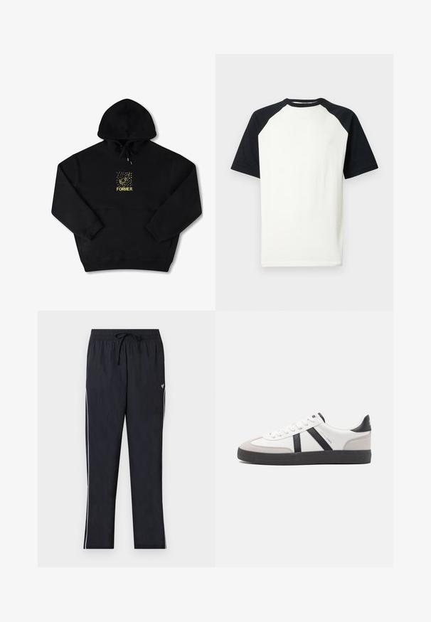 Sudadera negra con un bolsillo frontal, que presenta un gráfico amarillo de un pájaro y la palabra "FORMER" en negrita. Material suave con cordón ajustable.; Camiseta raglán de manga corta con cuerpo blanco y mangas y cuello negros, mostrada sobre un fondo blanco.; Pantalones deportivos negros con cintura elástica, cordón ajustable, rayas laterales blancas y pequeño logo de mariposa blanca en el muslo derecho.; Zapatilla blanca con acentos en negro y gris, que presenta una puntera texturizada en gris, suela de goma negra y cordones planos blancos. Diseño limpio, estilo minimalista.