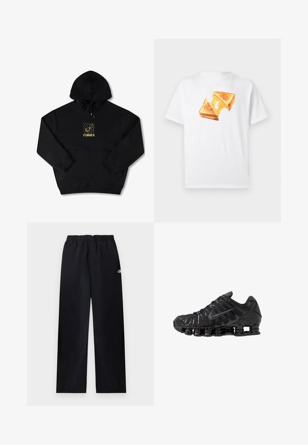 Sort hættetrøje med en frontlomme, prydet med et gult grafisk motiv af en fugl og ordet "FORMER" i fed skrift. Blødt materiale med justerbar snor.; Hvid bomulds-T-shirt med en illustration af to grillede ostesandwiches, der viser smeltet ost og gyldne brune skorper.; Sorte bukser med elastik i taljen og lige ben, med lille hvidt logo på øverste højre lår, vist fladt på lys baggrund.; Sorte atletikskoser lavet af mesh og syntetiske materialer, med et karakteristisk bølget design, sort gummisål og reflekterende detaljer.