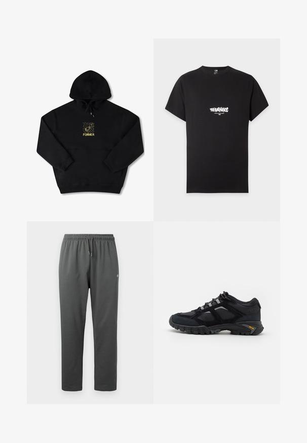 Sudadera negra con un bolsillo frontal, que presenta un gráfico amarillo de un pájaro y la palabra "FORMER" en negrita. Material suave con cordón ajustable.; Camiseta negra de manga corta con el logo blanco "The North Face" y el texto "Never Stop Exploring" centrados en el pecho.; Pantalones deportivos de forro polar de color gris oscuro con cintura elástica y cordón, con un pequeño logo en el muslo derecho.; Zapato exterior negro hecho de ante y malla con una suela robusta. Presenta acentos grises y la marca Vibram en el costado. Diseño con cordones.