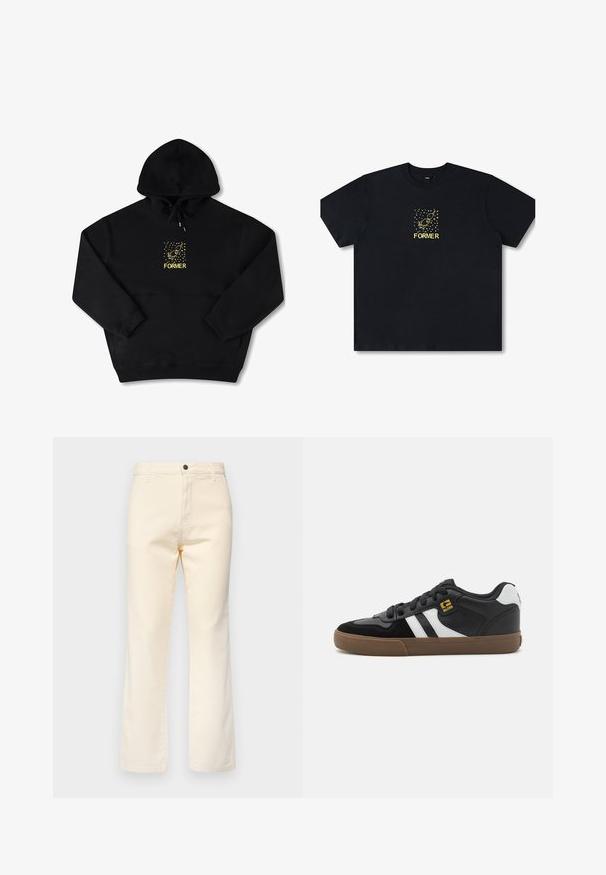 Sudadera negra con un bolsillo frontal, que presenta un gráfico amarillo de un pájaro y la palabra "FORMER" en negrita. Material suave con cordón ajustable.; Camiseta de algodón negra con un diseño gráfico dorado que incluye un cohete y estrellas. Manga corta, cuello redondo, corte relajado y tejido duradero.; Jeans de algodón color crema con un diseño de pierna recta, que cuentan con un cierre frontal de botón y un estilo de cinco bolsillos estándar.; Zapatillas en blanco y negro con parte superior de ante y cuero, que presentan franjas blancas, cordones negros y una suela de goma marrón. Acentos de logo dorados.