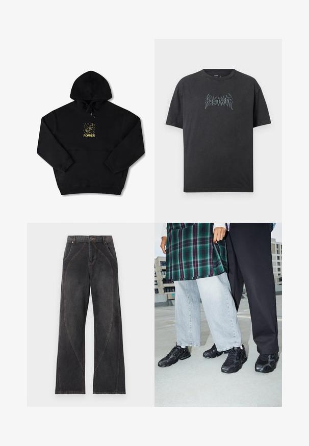 Sort hættetrøje med en frontlomme, prydet med et gult grafisk motiv af en fugl og ordet "FORMER" i fed skrift. Blødt materiale med justerbar snor.; Sort kortærmet t-shirt med rund halsudskæring og stiliseret lyseblåt "Hollister"-tekst centreret på brystet.; Sorte vidde cowboybukser med høj talje, buede sømdetaljer, forlommer, bæltestropper og knaplukning.; Sorte atletik sko med mesh- og gummidetaljer. Båret med lysegrå vide jeans og en ternet grøn bluse. Flad overflade i baggrunden.