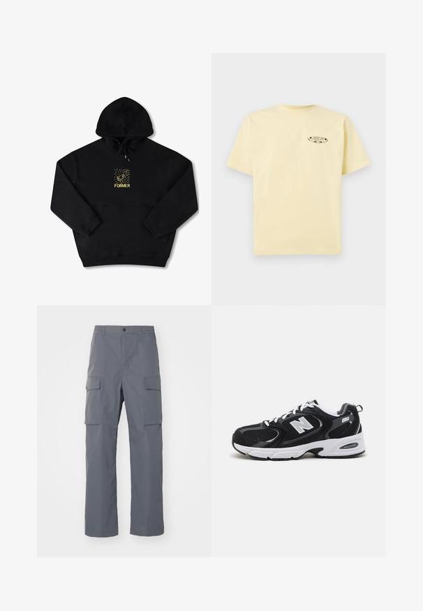 Schwarzer Hoodie mit einer Brusttasche, auf der ein gelbes Grafikbild eines Vogels und das Wort "FORMER" in fetter Schrift zu sehen sind. Weiches Material mit verstellbarem Kordelzug.; Gelbes Baumwoll-T-Shirt mit kurzen Ärmeln und Rundhalsausschnitt, mit einem bedruckten Grafiklogo im Bereich der linken Brust.; Grau Cargo-Hosen aus strapazierfähigem Stoff. Zu den Merkmalen gehören ein elastischer Bund, zwei große Seitentaschen und ein gerader Schnitt.; Schwarze und graue Sportschuhe mit Obermaterial aus Mesh und Wildleder, ausgestattet mit einer weißen Zwischensohle, Schnürsenkeln und einem markanten "N"-Logo an der Seite.