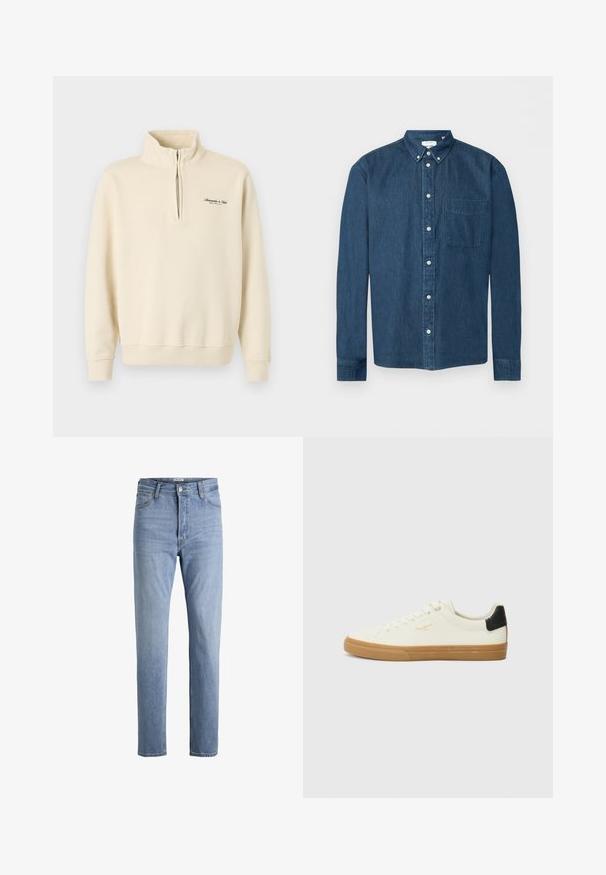 Sweat-shirt beige à demi-fermeture éclair avec col montant, poignets et ourlet côtelés, et petit logo noir sur la poitrine gauche.; Chemise en denim bleu foncé boutonnée, manches longues, une poche avant à gauche et un col boutonné, présentée sur fond blanc.; Jean bleu clair à taille haute avec jambes droites, bouton à l'avant, fermeture éclair, passants pour ceinture, ainsi que poches avant et arrière.; Sneaker en toile blanche avec une semelle en gomme, accent au talon noir, bout rond et design à lacets. Présente le logo de la marque en doré sur le côté.