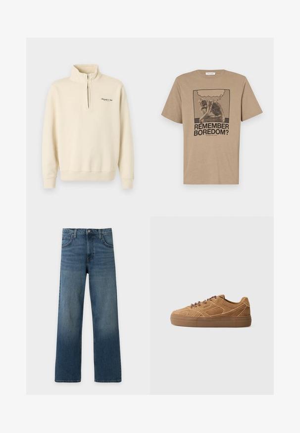 Sweat-shirt beige à demi-fermeture éclair avec col montant, poignets et ourlet côtelés, et petit logo noir sur la poitrine gauche.; T-shirt en coton beige avec un graphique représentant une figure en train de réfléchir et le texte "TU TE SOUVIENS DE L'ENNUI ?" imprimé en noir. Design à col ras du cou.; Jean droit en denim bleu avec poches avant, passants de ceinture, fermeture à bouton et délavage subtil au niveau des cuisses et des genoux.; Baskets basses en daim marron avec semelle épaisse, détails de panneaux cousus et branding "CPHGN" sur le côté.