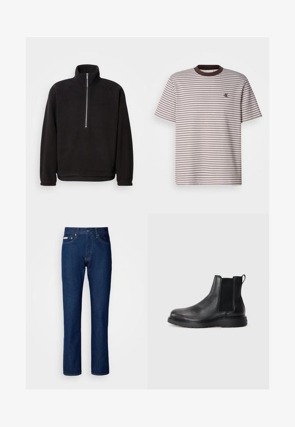 Pull noir en polaire avec un col haut et une fermeture éclair quart, doté de poignets élastiques et d'une texture lisse. Étiquette logo subtile sur la poitrine.; T-shirt à manches courtes rayé présentant des rayures horizontales marron et crème, un col rond avec bordure marron, et un petit logo brodé sur la poitrine.; Jean en denim bleu foncé avec une coupe droite, doté d'une fermeture éclair et d'un bouton, de cinq poches et de détails de couture subtils.; Bottes Chelsea en cuir noir avec une finition texturée, des panneaux latéraux élastiques et une semelle en caoutchouc robuste. Branding subtil sur le talon.