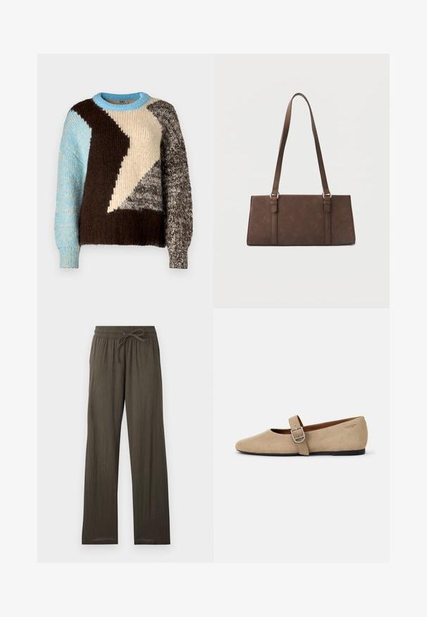 Pull en tricot avec un design coloré en blocs de crème, marron, bleu clair et gris, avec différentes textures et un col rond.; Pantalon large vert olive foncé avec taille élastique et cordon de serrage, présenté à plat sur un fond clair.; Ballerines en daim beige de style Mary Jane avec un bout pointu et une seule sangle réglable dotée d'une boucle en métal argenté. Semelle plate noire.; Sac à bandoulière rectangulaire marron avec longues sangles et détails de couture minimalistes sur un fond uni.