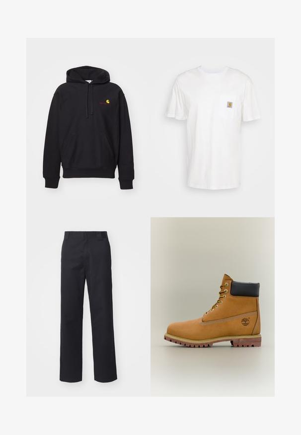 Hoodie noir en tissu mélangé coton avec une poche avant, capuche à cordon de serrage, et logo brodé rouge avec un arc jaune.; T-shirt en coton blanc à manches courtes, avec une poche poitrine et un petit patch logo carré en orange et blanc sur la poche.; Pantalons droits noirs en tissu en mélange de coton. Présentent une taille plate avec passants de ceinture et sans matériel ou embellissements visibles.; Bottine en cuir marron avec col noir, lacets jaunes et semelle beige. Présente un logo et des détails de couture blanche. Semelle extérieure à traction robuste.