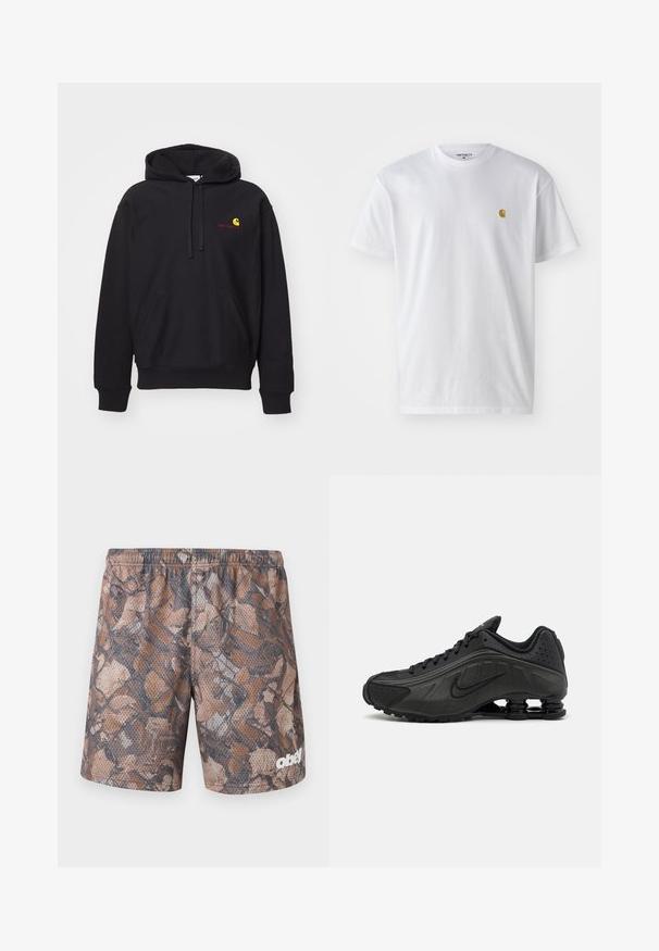 Hoodie noir en tissu mélangé coton avec une poche avant, capuche à cordon de serrage, et logo brodé rouge avec un arc jaune.; T-shirt en coton blanc à manches courtes, col rond, avec un petit logo doré sur la poitrine gauche. Texture douce et coupe régulière.; Shorts en tissu mesh avec un motif camouflage feuilles marron et gris, taille élastique, et logo blanc "obey" sur la partie inférieure de la jambe droite.; Baskets de course noires avec une tige en synthétique lisse, des accents perforés, des panneaux latéraux texturés et une semelle distincte et rebondissante.