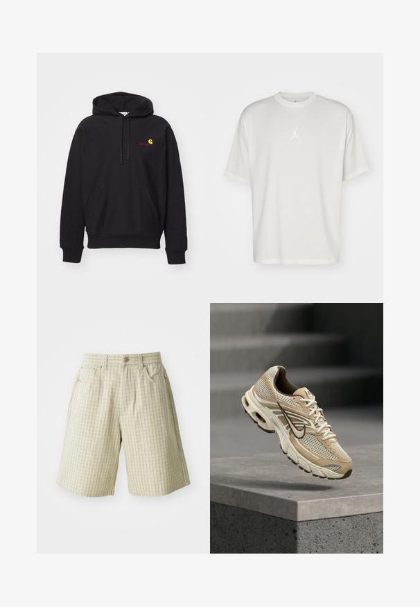 Hoodie noir en tissu mélangé coton avec une poche avant, capuche à cordon de serrage, et logo brodé rouge avec un arc jaune.; T-shirt en coton blanc avec un col rond, des manches courtes et un petit logo brodé au centre. Design ajusté avec des coutures minimales.; Shorts à carreaux beiges en tissu léger, dotés de deux poches latérales, d'une fermeture à bouton et d'un design décontracté.; Chaussure de running Nike beige et blanche avec panneaux en mesh et swoosh noir, flottant au-dessus d'un rebord en béton avec des escaliers flous en arrière-plan.