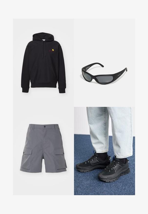 Hoodie noir en tissu mélangé coton avec une poche avant, capuche à cordon de serrage, et logo brodé rouge avec un arc jaune.; Carhartt WIP BALTO - Short - graphite; Des chaussures de sport noires avec un tissu texturé et des semelles en caoutchouc, dotées de lacets élastiques et d'un accent bleu au talon. Portées avec un pantalon en denim clair.; Lunettes de soleil noires avec une monture incurvée et des verres teintés. Présente un fini mat et le nom de la marque "ARNETTE" sur le côté.