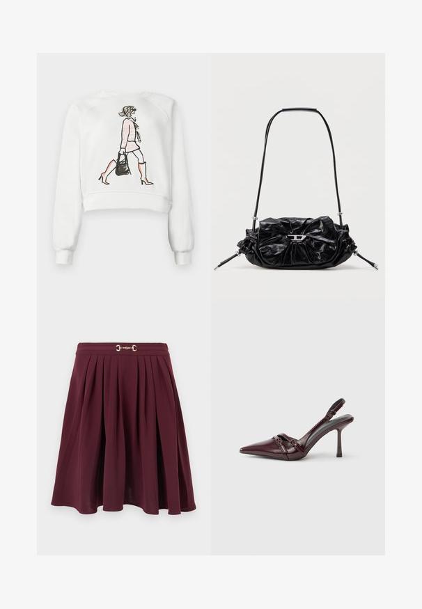 Sweatshirt court blanc avec une illustration graphique d'une femme en robe rose et bottes oranges, tenant un sac à main noir.; Jupe plissée ligne A bordeaux avec un détail en métal doré en forme de mors de cheval à la taille, présentée sur un fond clair uni.; Escarpin slingback en cuir verni bordeaux avec bout pointu, fine bride à la cheville et petit détail décoratif de boucle. Texture lisse et talon haut.; Sac à main en cuir noir avec un design froncé et un détail en forme de nœud sur le devant. Dispose d'une poignée courte et d'accents de quincaillerie argentée.