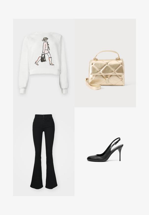 Sweatshirt court blanc avec une illustration graphique d'une femme en robe rose et bottes oranges, tenant un sac à main noir.; Jean évasé noir à taille haute, doté de deux boutons à l'avant et d'une fermeture éclair. Fabriqué en denim doux avec une texture lisse.; Escarpin slingback en cuir noir avec un bout pointu, un talon aiguille fin et une sangle ajustable. Texture lisse et design minimaliste.; Petit sac à main métallique doré avec poignée supérieure, bandoulière amovible, motif matelassé et détails cloutés dorés sur un fond uni.