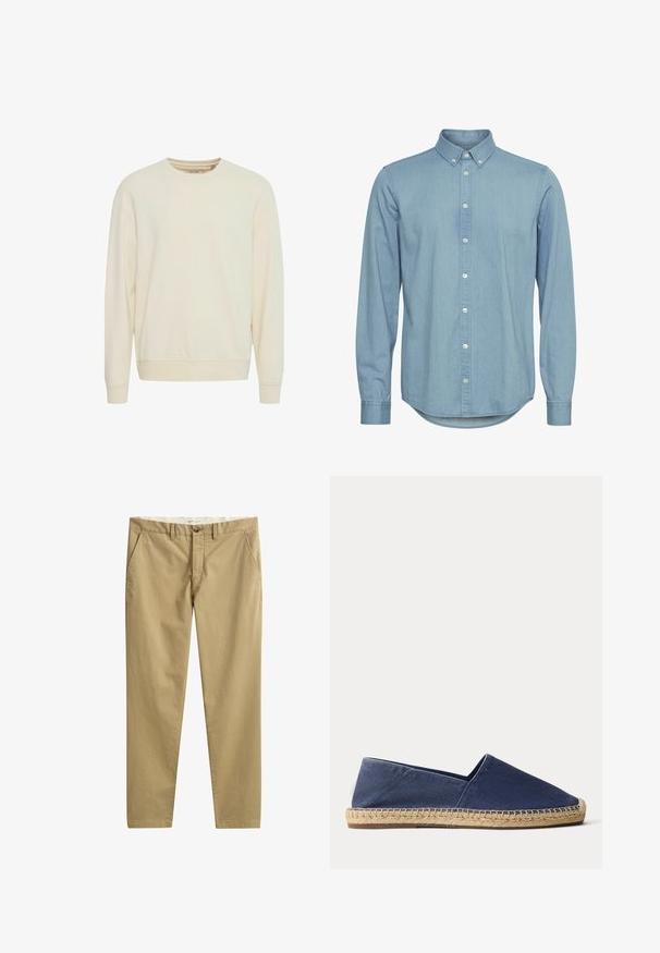 Lys beige sweatshirt, rund hals, lange ærmer, blød stof, ribbede manchetter og kant, sidesplitter for lettere bevægelse, minimalistisk design.; Lyseblå denimskjorte med knap-ned krave, lange ærmer og buet kant. Har forkant med hvide knapper.; Beige afslappede bukser med lige ben, sidelommer, bæltestropper, knaplukning og lynlås, lavet af mærket GANT.; Navyblå lærredsespadrille med naturlig vævet jutesål og lav hæl, vist fra siden på en hvid baggrund.