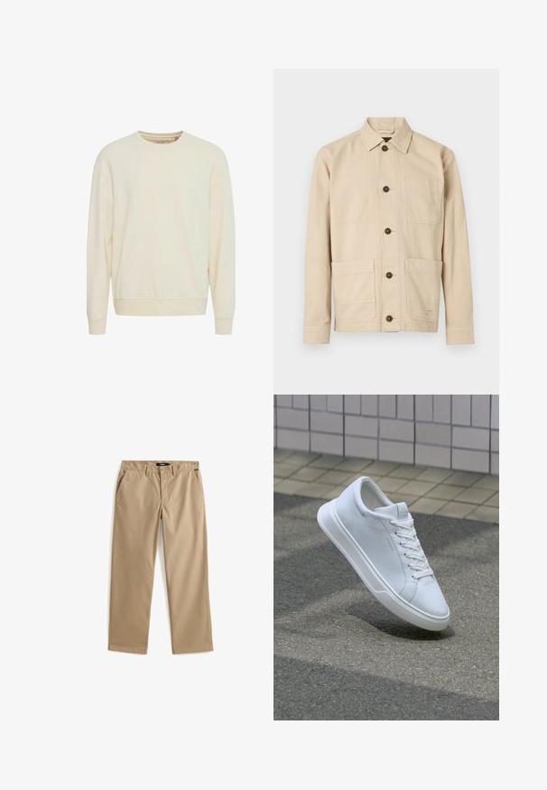 Lys beige sweatshirt, rund hals, lange ærmer, blød stof, ribbede manchetter og kant, sidesplitter for lettere bevægelse, minimalistisk design.; Lysebeige arbejdsjakke, bomuldsstof, med knapper foran, spids krave, to brystlommer, to nederste lommer, brune knapper, syningsdetaljer.; Beige chinos med lige ben lavet af let bomuldsstof. Har to forlommer og lukning med knap. Glat struktur, minimal dekoration.; Hvid lavtop sneaker med snørebånd, der svæver over tekstureret asfalt og beige flisebelagt overflade i baggrunden.