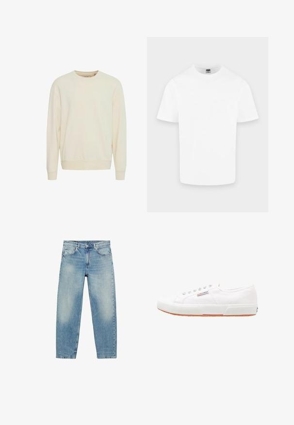Lys beige sweatshirt, rund hals, lange ærmer, blød stof, ribbede manchetter og kant, sidesplitter for lettere bevægelse, minimalistisk design.; Enkelt hvid kortærmet T-shirt med rund hals i bomuld vist på en lys grå baggrund.; Blå straight-leg denim jeans med forlommer og bæltestropper, der viser let falmede detaljer på lår og knæ.; Hvide kanvas sneakers med gummisål, snørebåndsdesign og et lille logo mærke på siden. Tekstureret hvid overdel og brun ydersål.