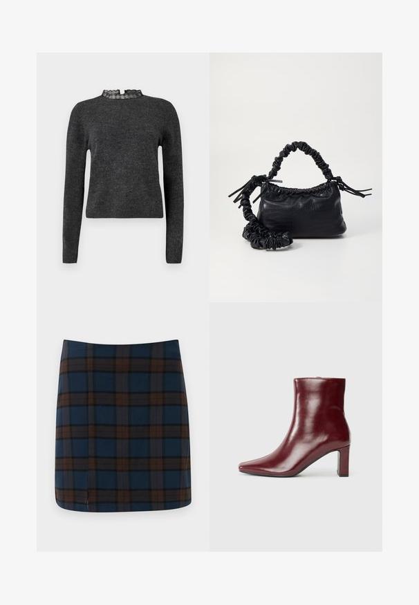 Pull gris foncé à manches longues, texture côtelée et décolleté avec dentelle. Le tissu semble doux et léger, idéal pour des superpositions.; Jupe mini en tartan bleu marine avec des lignes marron et grises, fabriquée dans un tissu lisse, avec une fente discrète au dos pour plus de liberté de mouvement.; Bottine en cuir bordeaux avec un bout pointu et un talon carré. Texture lisse avec une silhouette élégante et des lignes épurées.; Sac à main en simili cuir noir avec une texture crocodile, un dessus resserré et une sangle froncée. A l'apparence douce et compacte.