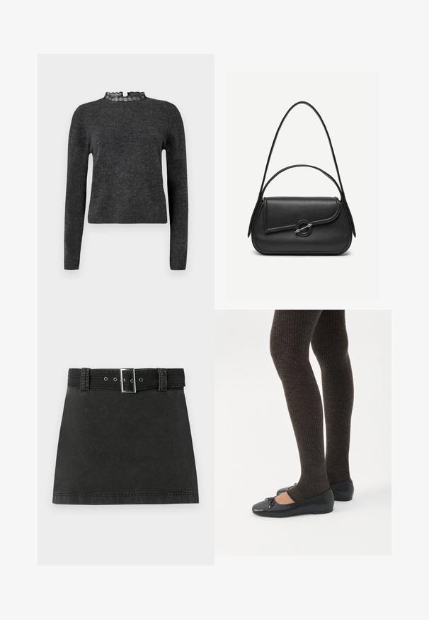 Pull gris foncé à manches longues, texture côtelée et décolleté avec dentelle. Le tissu semble doux et léger, idéal pour des superpositions.; Jupe mini en denim noir avec une ceinture assortie présentant une boucle métallique et des passants de ceinture, affichée à plat sur un fond blanc.; Jambes portant des leggings côtelés foncés associés à des ballerines noires avec de petits détails en nœud sur fond blanc.; Sac à main en cuir noir avec bords arrondis, rabat asymétrique, fermoir circulaire en métal, et des bandoulières courtes et longues.