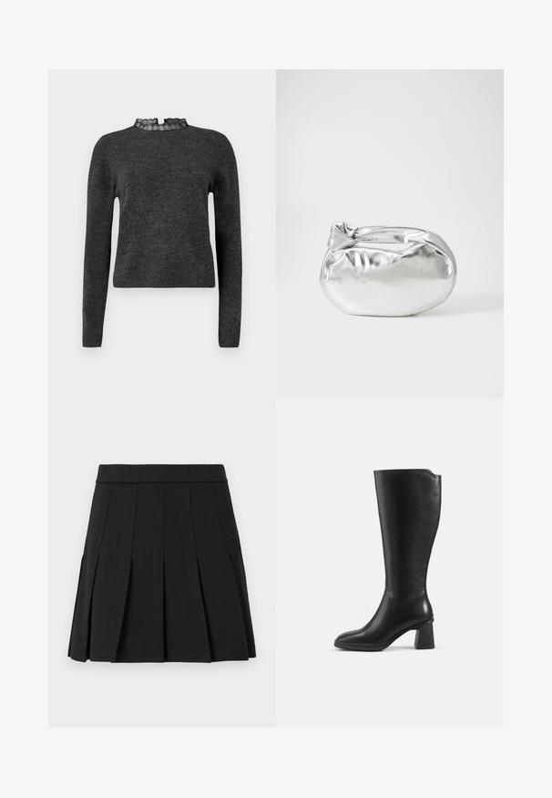 Pull gris foncé à manches longues, texture côtelée et décolleté avec dentelle. Le tissu semble doux et léger, idéal pour des superpositions.; Jupe plissée noire en tissu lisse. Elle présente une large ceinture et plusieurs plis aiguille verticaux.; Botte en cuir noire montant jusqu’au genou avec un talon bloc et un bout arrondi, vue de profil sur un fond uni.; Pochette en métal argenté avec une forme douce et arrondie et un fermoir en haut noué. Fabriquée en simili cuir lisse.