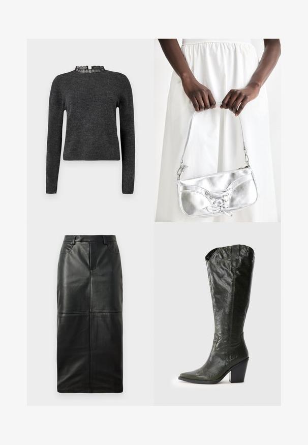 Pull gris foncé à manches longues, texture côtelée et décolleté avec dentelle. Le tissu semble doux et léger, idéal pour des superpositions.; Jupe crayon en cuir noir dotée d'une taille haute, d'une fermeture éclair dissimulée et de poches avant, avec une texture lisse et des détails de couture.; Botte western en cuir noir, haute jusqu'au genou, avec un bout pointu et un talon bloc, sur fond blanc.; Sac à main en métal argenté avec un détail à lacets, arborant un design épuré et une courte sangle. Le sac est tenu dans les mains, mettant en valeur sa texture.